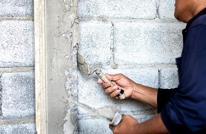 construction workers use cement plaster to build house posts